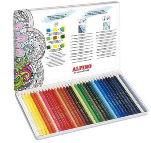 Creioane colorate acuarela, cutie metal, 36 culori/set, ALPINO Aquarelle